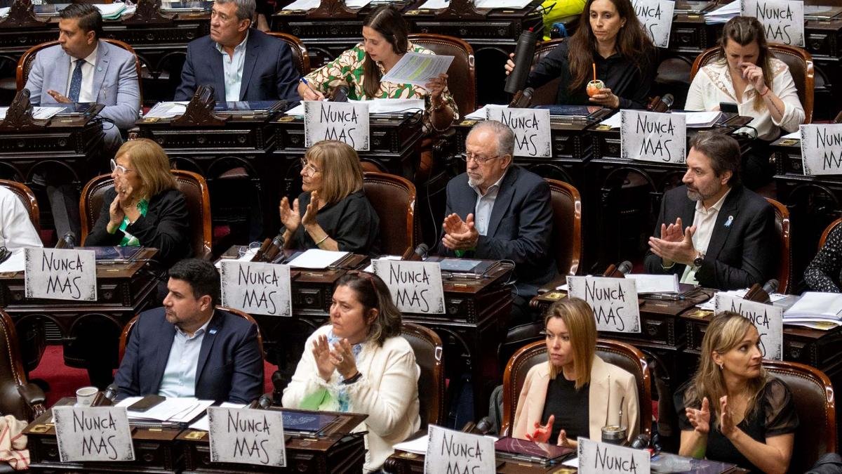 Los legisladores del Frente de Todos se hicieron presentes en el recinto con pancartas que decan Nunca Ms Foto Eliana Obregn