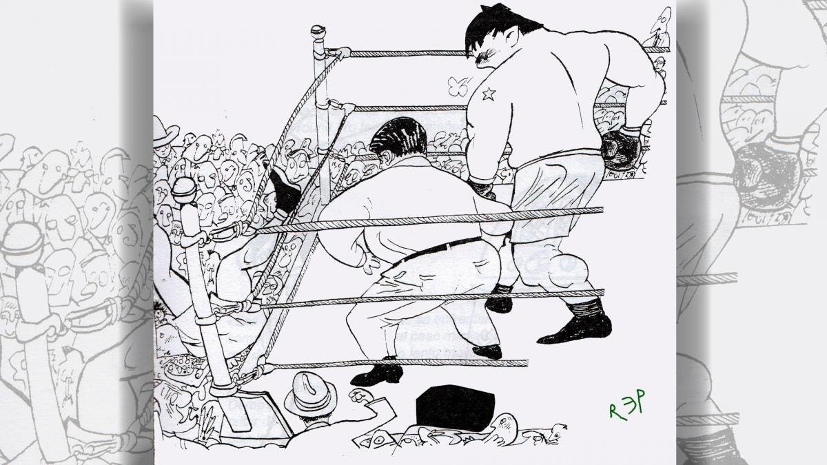 Un dibujo de Rep recrea el momento histrico de cuando el Toro Salvaje de las Pampas sac del ring a Dempsey de un derechazo