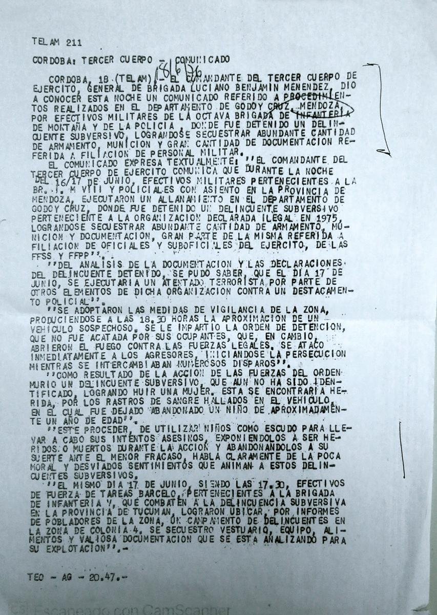 Cable de la agencia Tlam emitido el 18 de junio de 1976 que reproduce ntegramente un comunicado del Tercer Cuerpo de Ejrcito Foto archivo